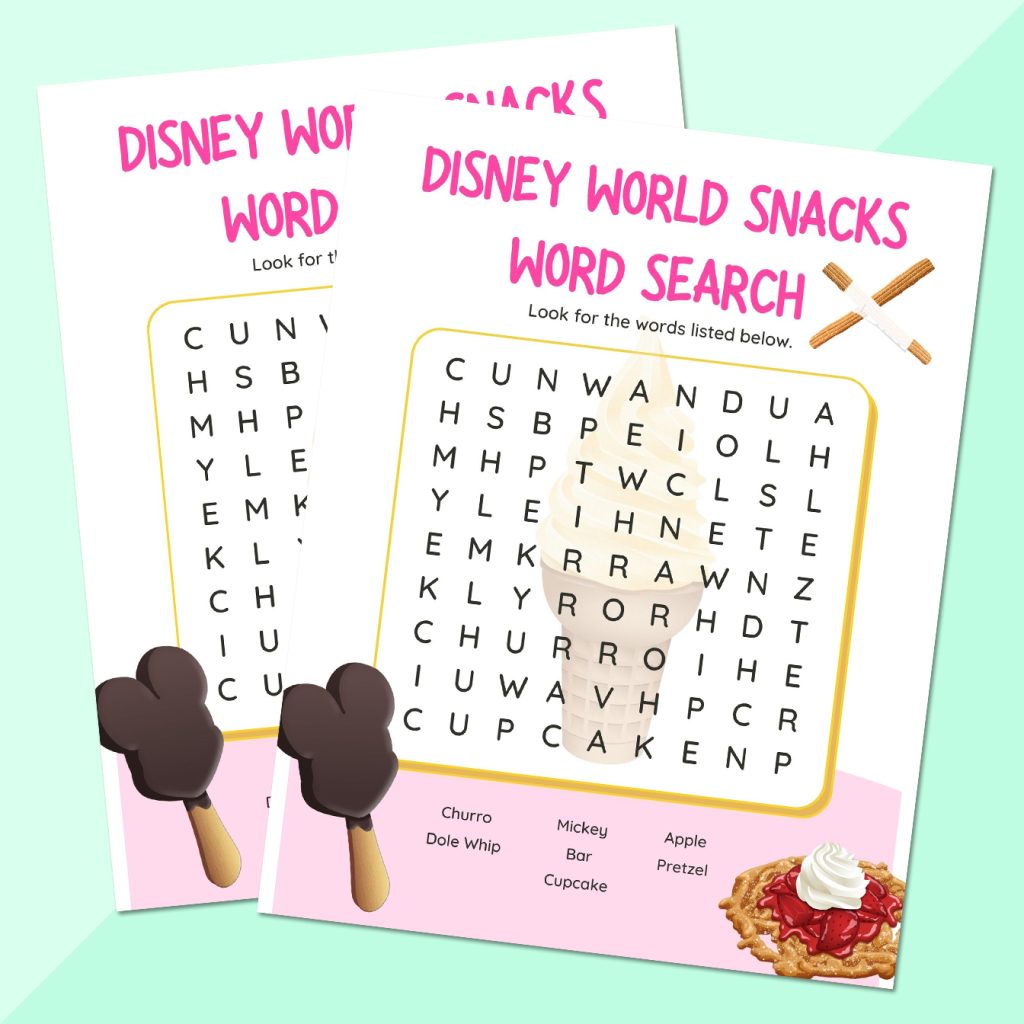 two copies of printable disney world snacks word search printable on mint green background