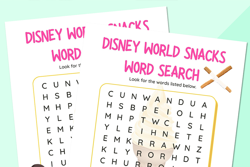 close up of disney world snacks word search printable